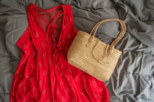 Red Sundress With Straw Tote On Grey Comforter