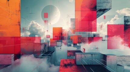 Geometric shapes merging with pixelated elements in a digital wonderland