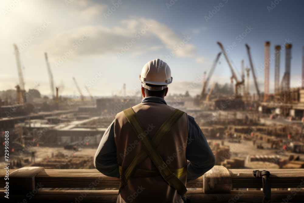 Poster a construction worker overseeing a building project, emphasizing the dedication and hard work involv