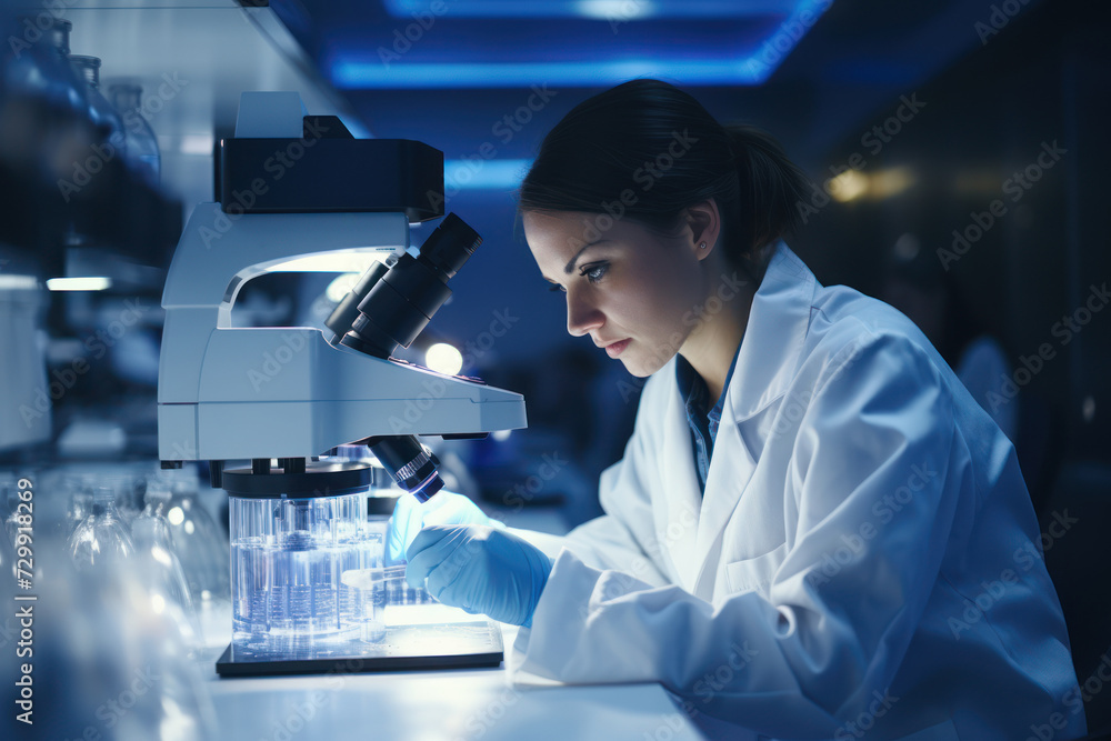 Poster a scientist examining a sample under a microscope, showcasing the precision and curiosity involved i