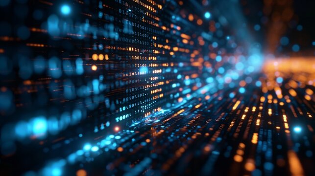 Glowing binary code streaming across a dark, abstract cyberspace