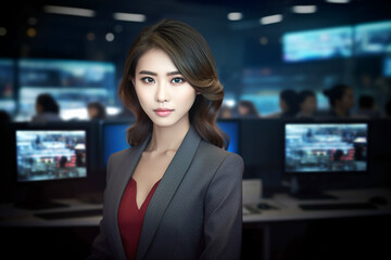 Fototapeta premium Korean young girl in the office. TV hostess girl in the studio.