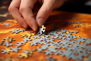 A man's hand assembles a puzzle on a table.