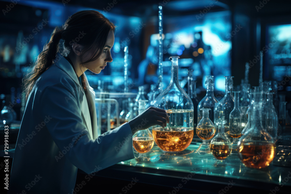 Poster a scientist conducting experiments in a laboratory, illustrating the pursuit of knowledge and breakt