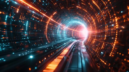 Obraz premium Futuristic tunnels of light and data, symbolizing technological advancement.