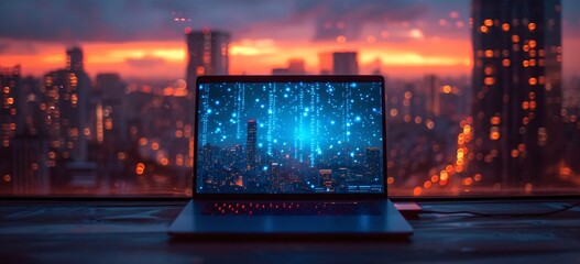 Glowing Cityscape at Sunset A Laptop's Digital Display of Lights Generative AI