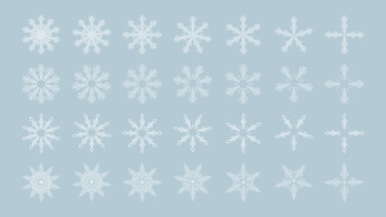 Set of white snowflakes icons vector. Snowflake Set and Collection with Blue Background. Vector Illustration