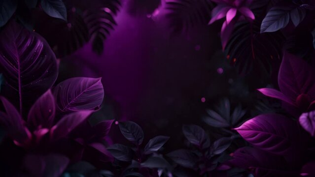 Neon glowing tropical leaves in purple and pink. Jungle Forest glowing, illuminates palm trees with trendy aesthetic violet light. 3D render animation with a space for custom text placement. 4k video 