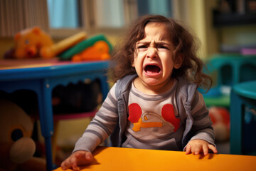 A 3-year-old girl, Egyptian, in a daycare center, crying uncontrollably because she misses her...