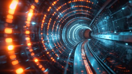 Obraz premium Futuristic tunnels of light and data, symbolizing technological advancement.