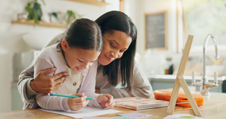 Homework, mother and girl with education, teaching and conversation with support, help and knowledge. Female child writing, student or mama with a kid, kitchen and learning with growth or development