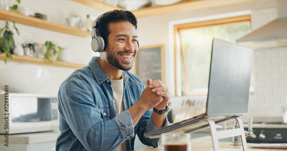 Poster remote work from home, video call and man with a laptop, internet connection or conference call. mal