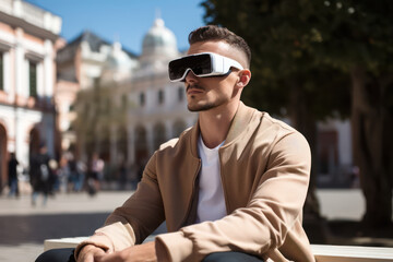 
Photograph A man sitting on a bench in a bustling city square, wearing VR glasses and looking mesmerized by the virtual world around him