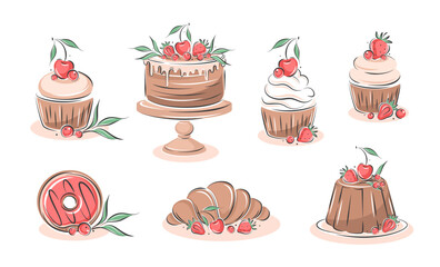 Different desserts, pastry dishes, ingredients for baking items, donuts. Vector illustration for menu, recipe book, baking shop, cafe.