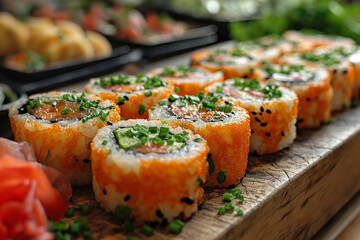 Vegan rolls with vegetables on a cutting board