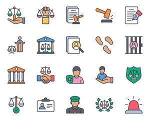 Filled color outline icons set for Law and Justice.