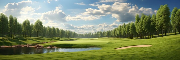 Panoramic view of a golf course with blue sky and clouds, Ai Generated