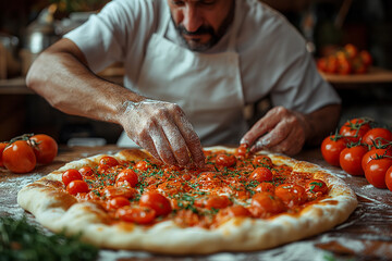 A man puts tomatoes on pizza dough in the kitchen