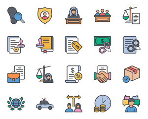 Filled color outline icons set for Law and Justice.
