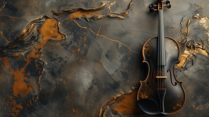 Elegant Black Violin on Golden Marble Background: A Harmonious Blend of Music and Art