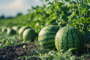 big watermelons in the watermelon field, background blurry - obrazy, fototapety, plakaty