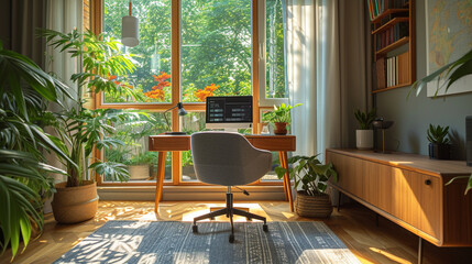 A home office with a sleek desk and chair, and a large window letting in natural light.