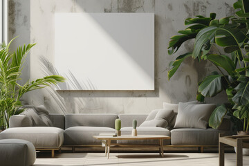 blank canvas mock up in modern living room interior with gray sofa, wooden furniture and tropical leaves