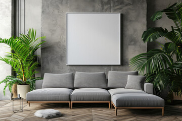 blank canvas mock up in modern living room interior with gray sofa, wooden furniture and tropical leaves