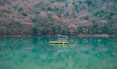 A floating platform in the Limski Kanal or Lim Channel in Istria, Croatia. Often described as the...