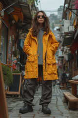 Obraz premium A street style fashion photo in vertical format, showcasing the outfit in an urban setting. Concept of street fashion photography for vertical social media platforms. Generative Ai.