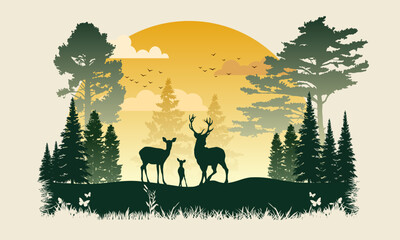 Deer Silhouette at Sunset in the Forest, abstract nature wallpaper, illustration of a background.