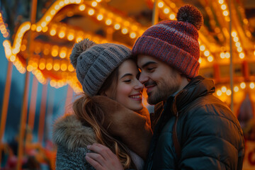 Affectionate young tourist couple at an illuminated carousel in the city at dusk