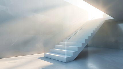 A minimalist staircase with glass railings.