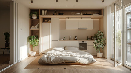 A minimalist studio apartment with a murphy bed and a small kitchenette.