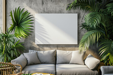 blank canvas mock up in modern living room interior with gray sofa, wooden furniture and tropical leaves