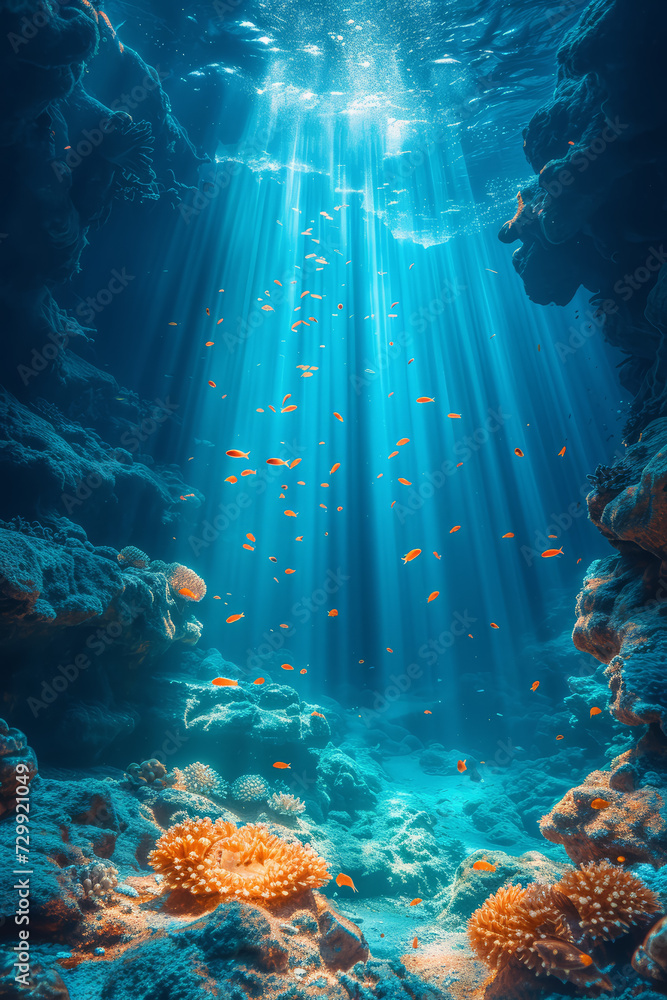 Wall mural a vertical underwater photo, showcasing marine life from top to bottom. concept of underwater photog