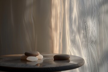 pumice stones on platform, shower curtain partially blurred - obrazy, fototapety, plakaty