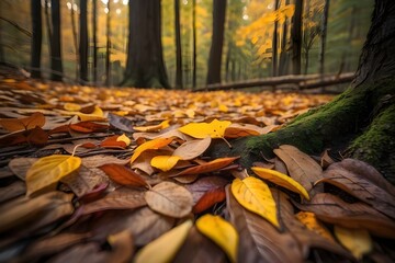 Naklejka na ściany i meble The image features a forest floor covered in a thick layer of autumn leaves. The leaves are of various shades of brown, yellow, and orange. The ground is mossy and the scen,autumn leaves on the ground