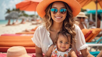 Happy young mother and daughter on the beach