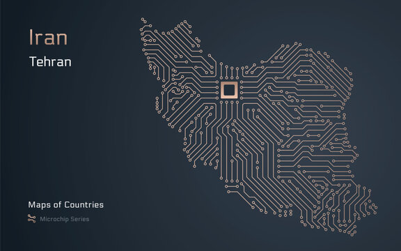Iran Map with a capital of Tehran Shown in a Microchip Pattern with processor. E-government. World Countries vector maps. Microchip Series	