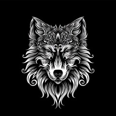 Flat logo wolf ornate art style on a black background. Ornate art style.