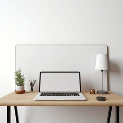 Fototapeta premium Workspace with blank screen laptop, coffee cup, lamp and decoration on table, Ai Generated