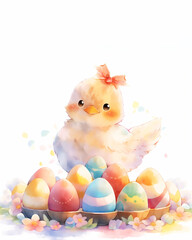 Obraz na płótnie Canvas Easter greeting card with copy space. Kawaii chicken girl sits among colorful eggs. Cute spring postcard for religious holiday. Watercolor style illustration.