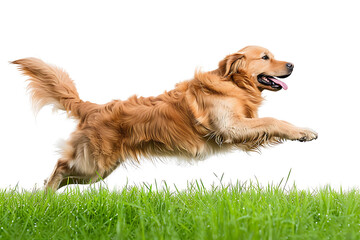 Healthy and happy golden retriever dog jumping on transparent background PNG