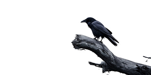 Black crow sitting on a branch for horror movie and Halloween theme on transparent background PNG