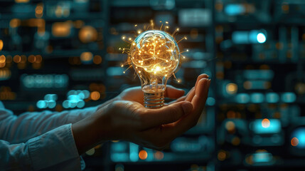 Hand holding a smart light bulb A Technology  Businessman on the Global Digital Frontier