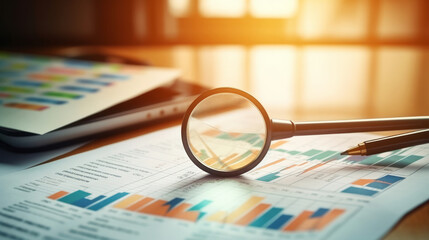 Close-up of magnifying glass on financial charts and graphs on desk - obrazy, fototapety, plakaty