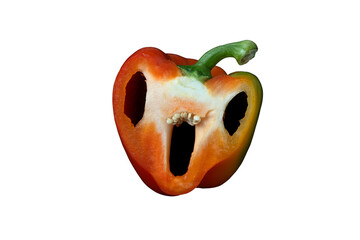 Red pepper with troll face for Halloween on white background