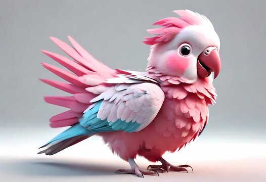 A Adorable 3d rendered cute happy smiling and joyful baby funny macaw with a smile cartoon character on white backdrop