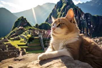 A cat calmly perches on a stone wall, observing its surroundings. - Powered by Adobe